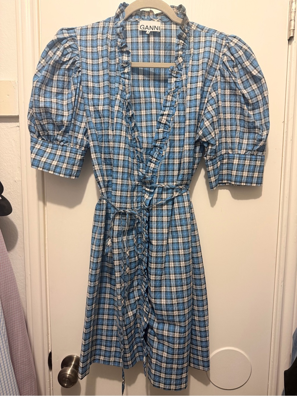 Ganni Blue and White Plaid Ruffle Sleeve Dress